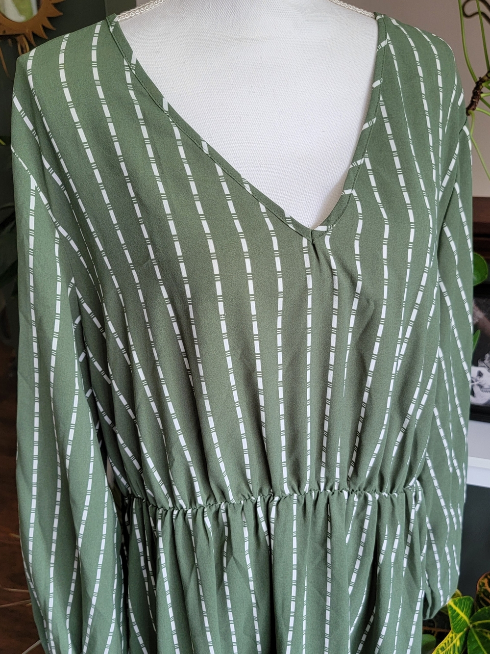 Women's Green Striped V-Neck Midi Dress - Picture 5 of 11